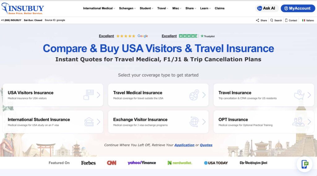 Insubuy Travel Insurance website home page showing different types of insurance offerings and excellent 4.5-5 star ratings.