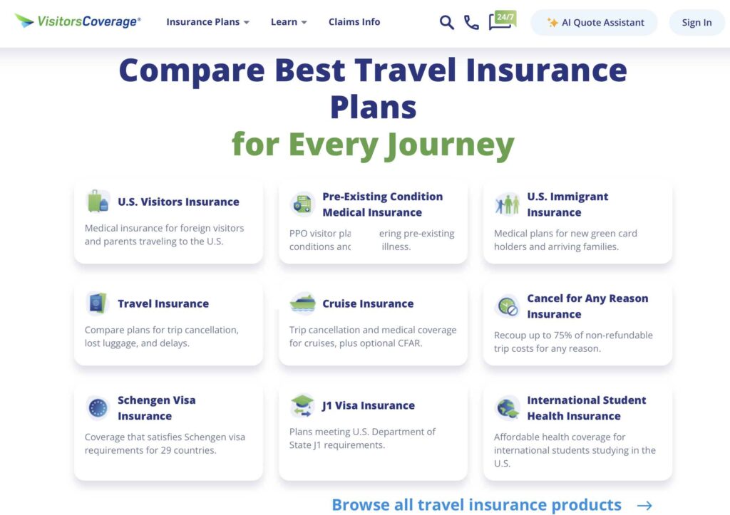 VisitorsCoverage Travel Insurance website home page showing different types of insurance offerings for every journey.