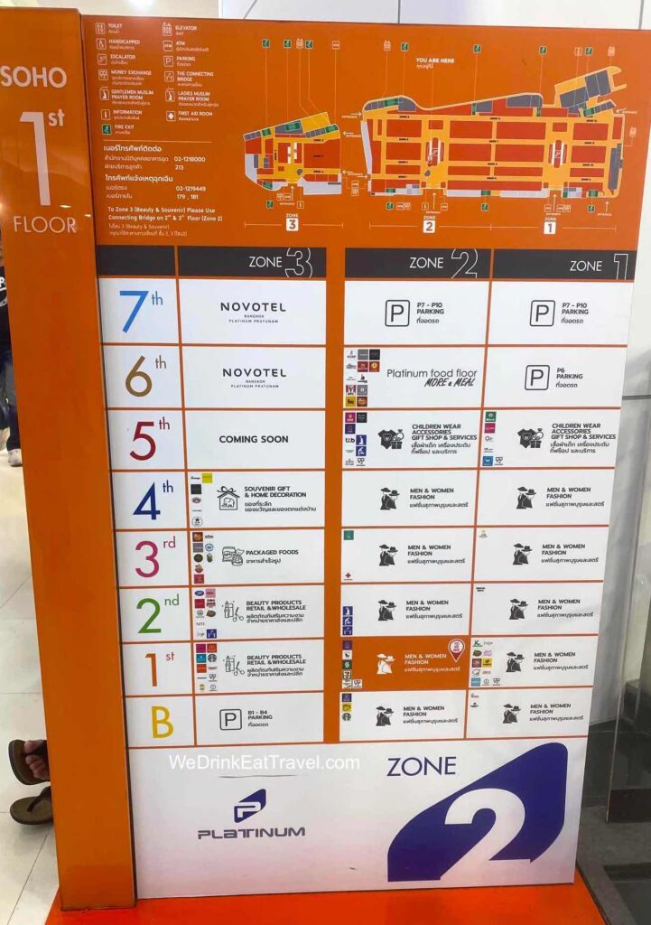 Sign showing the Platinum Fashion Mall Zones 1, 2 and 3 directory from the basement to the 7th floors.